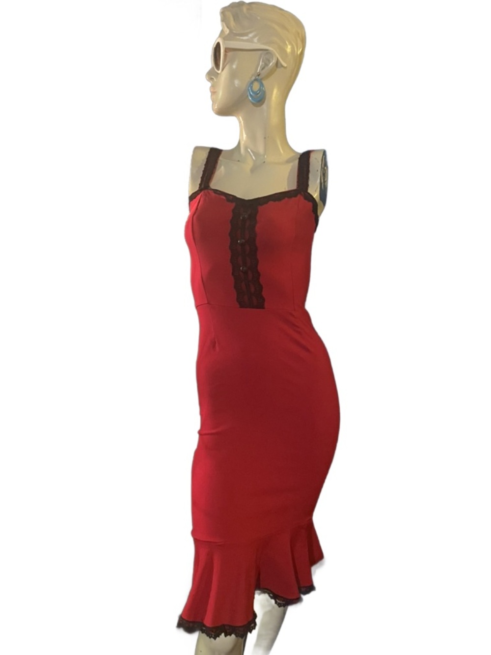 Red SWITCHBLADE STILETTO Midi pencil Dress with Black Lace Trim & flared bottom - Picture 2 of 10